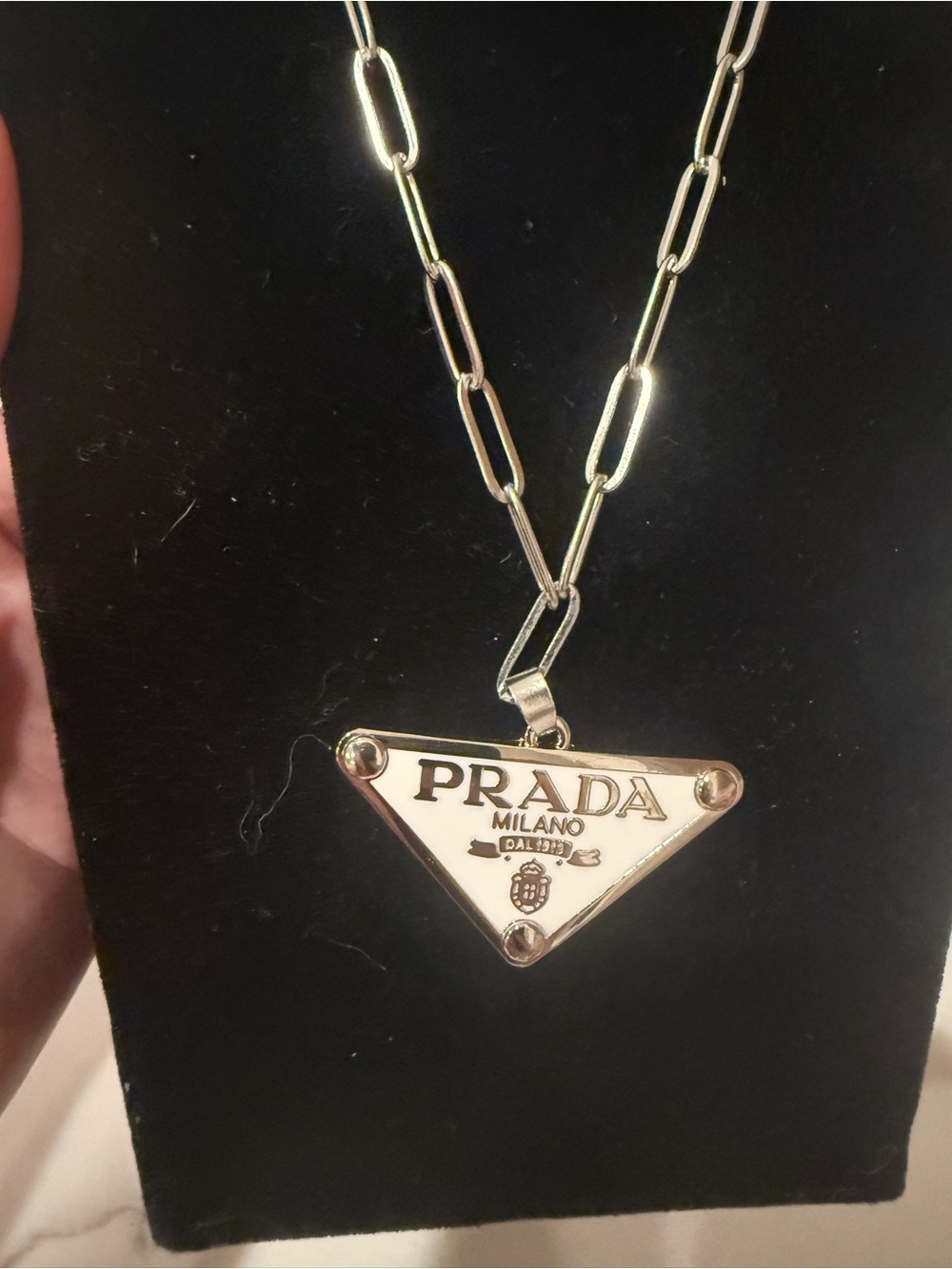 Upcycled Prada White Enamel Triangle Logo Pendant Necklace - Picture 3 of 6